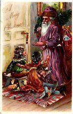 Purple Coat Santa Giving Toys to Children 1900s Christmas Postcard Raphael Tuck picture