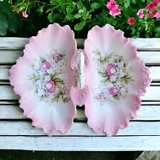 Austrian Porcelain Handled Serving Dish Ruffle Pink Hand Painted ANTIQUE picture