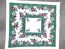 Vintage 50’s MCM Summer Tablecloth White Green Purple Rose Floral 47x53” picture