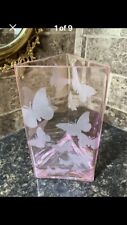 Vintage Teleflora Etched Butterflies Pink Glass Triangle Vase picture