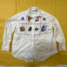VTG Disney Winter Winnie Pooh and Friends Embroidered White Button Down Size XL picture