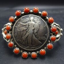Buffalo Dancer TAOS SterlingSilver 1943 WALKING LIBERTY COIN CORAL Cuff BRACELET picture