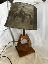 1950's Cowboy Rodeo Stirrup Wood Table Lamp w/ Horse western photo shade 18