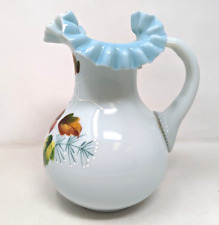 VTG Fenton? Hand Painted Opaque Blue Glass Ruffled Crimped Pitcher Jug Ewer KP23 picture