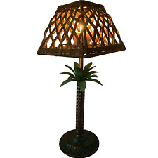 Tropical Brass Palm Tree Tealight votive Lamp/Shade Rattan & Bamboo 2-lot picture