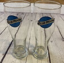 SET OF 2 BLUE MOON LOGO BREWING BEER  TULIP BAR DRINKING GLASSES  8” tall picture