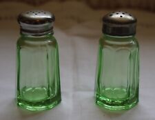 Hazel Atlas Paneled Uranium Green Glass Salt / Pepper Shakers  Depression Glass picture