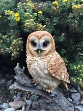 Tawny Owl Figurine on Tree Stump Home Garden Decoration Resin 12 inches H. Owls  picture