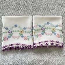 Vintage Pair Hand Embroidered Pillowcases White Floral Crocheted Edge Standard picture