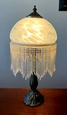 Vintage Frosted Glass Fringe Dome Beaded Shade Victorian Boudoir Accent Lamp picture