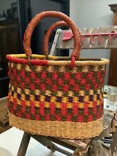 Vintage Ghanan Hand Woven Multi-Colored Basket w/leather handles 8.5x12.5x7.5” picture