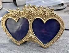 Vintage Gold Tone Heart & Rose Vanity Double Frame ~5.5” X 4” Heavy picture