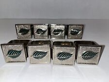 Heavy Cast Metal Leaf Napkin Rings Lot of 8 Square Green Enamel Silver Tone picture
