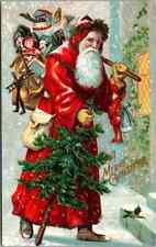 Long Red Robe Santa Claus with Tree~Toys~Antique Christmas Postcard~k481 picture