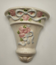 Vintage Ceramic Wall Pocket Raised Blue Ribbons and Pink Roses on White Pocket picture