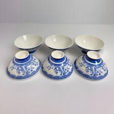 Set of 6 Japanese White And Blue Porcelain Rice Bowls Vtg Floral Cherry Blossom picture