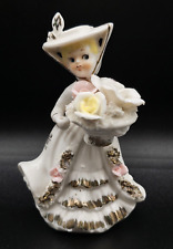 Porcelain Young Woman Figurine Holding Flower Basket Lovely White/Gold Vintage picture