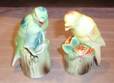 Vintage Green & Yellow Ceramic Birds on Tree Log Salt Pepper Shakers Japan made picture