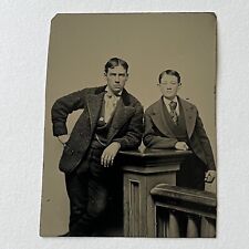 Antique Tintype Photograph Handsome Man & Little Brother Great Coat & Stance picture
