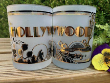 Hollywood Whiskey Glasses Frosted White Low-Ball Tumblers W/22K Gold & Black picture
