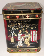 Asian Pagoda Crane Tin Hinged Lid Metal Container Red Black Vintage Square picture