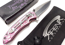 Pink Roses Pocket Knife Spring Assisted Flipper Mirror Blade Ladies Girls EDC picture