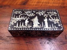 Vintage Antique Chinese Mother of Pearl Inlay Black Lacquer Wooden Jewelry Box  picture