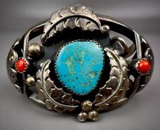 Vintage Navajo Sterling Silver Turquoise & Coral Cuff Bracelet SOLID picture