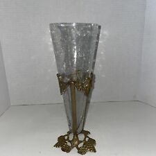 Vintage Crackle Glass Vase With Brass Pedestal Stand Grape Clusters 11” picture
