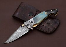 Damascus Steel Folding Pocket Knife, Linear lock, EDC + Leather Pouch, Handmade picture