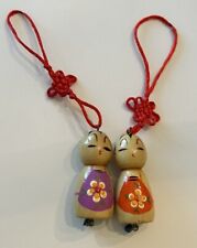 Pair Vintage  Wood Hand Painted Japanese Kokeshi  Asian Doll Hanging Ornaments picture