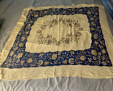 Vintage Tablecloth Jacobean Floral Blue Beige Cottagecore Textile 48”x45” picture