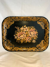 Gorgeous Vintage Enameled Large Serving Tray-Gold and Rose Tole Roses picture
