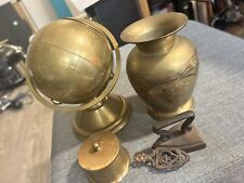 Vintage Brass LOT of Items Globe Ashtray, Vase, Stamp Holder & Tiny Iron picture