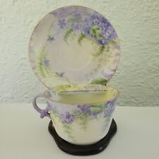 Vintage T&V France Limoges Mustache Cup & Saucer Floral gold trim purple flower picture