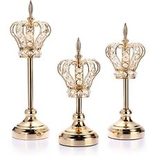 OwnMy Set of 3 Gold Crystal Crown Candlestick Holders Metal Crystal Crown Tea... picture