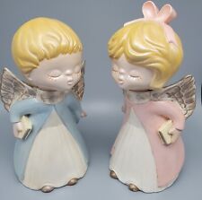 Vintage Kissing Angels Pair Hand Painted Figurines Pink Blue Ceramic Christmas picture