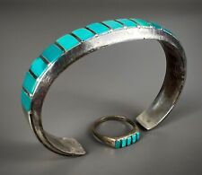 Vintage Zuni Sterling Silver Turquoise Inlay Cuff Bracelet & Ring Set GORGEOUS picture