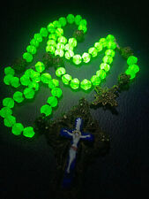 †Antique Rosary Green Uranium Vaseline Glass Faceted Beads Filigree & Enamel picture