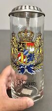 Bavaria Germany Bayern Coat Of Arms Glass Beer Stein W/ Zinn Pewter Lid 9” picture