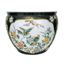Vintage Ceramic Chinese Chinoiserie Fishbowl Floral Bird Motif Bowl Planter picture
