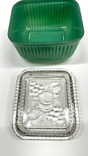 Green refrigerator dish/ribbed w/ clear engraved vegetable lid, vintage, rare picture