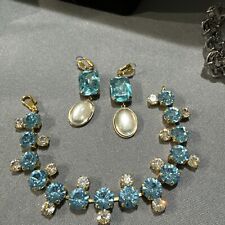 Swarovski  Blue& Clear Rhinestone Bracelet & Pierced Drop Earrings Gorgeous picture