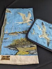 Vtg Kay Dee Handprints Linen Dishtowel & Potholder Set Ocean Birds/Seagulls NWOT picture