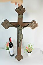 Antique  XL french wood carved cross metal christ religious  picture