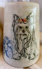 Large Clay Pottery Handmade Yorkshire Terrier Yorkie-blue Ribbon Vase/Utensils picture