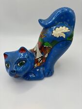 Ceramic Mexican Pottery Cat figurine Unique Vintage Hand painted Blue exc. cond. picture