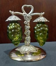 Vintage Green Glass Grape Salt & Pepper Shaker Hanging Cluster 1960s Metal Stand picture