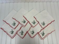 Lot of 8 Vintage Fabric Christmas Napkins White With Green Holly Embroidered picture
