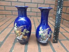 Blue Ceramic Quail Print Vase Pair 8